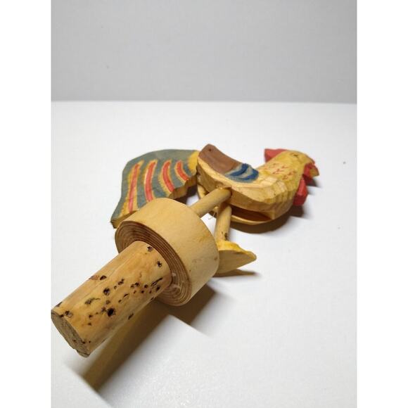 Mechanical Foot Kicking Rooster Hen Chicken Bottle Stopper Carved Wood Bar Anri - Picture 8 of 8